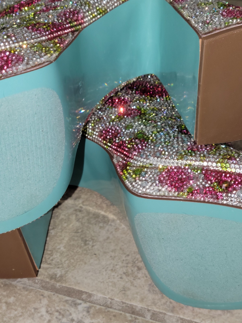 Betsey Johnson Pink Floral Crystal Ankle Boots with Turquoise Soles - Picture 4 of 6